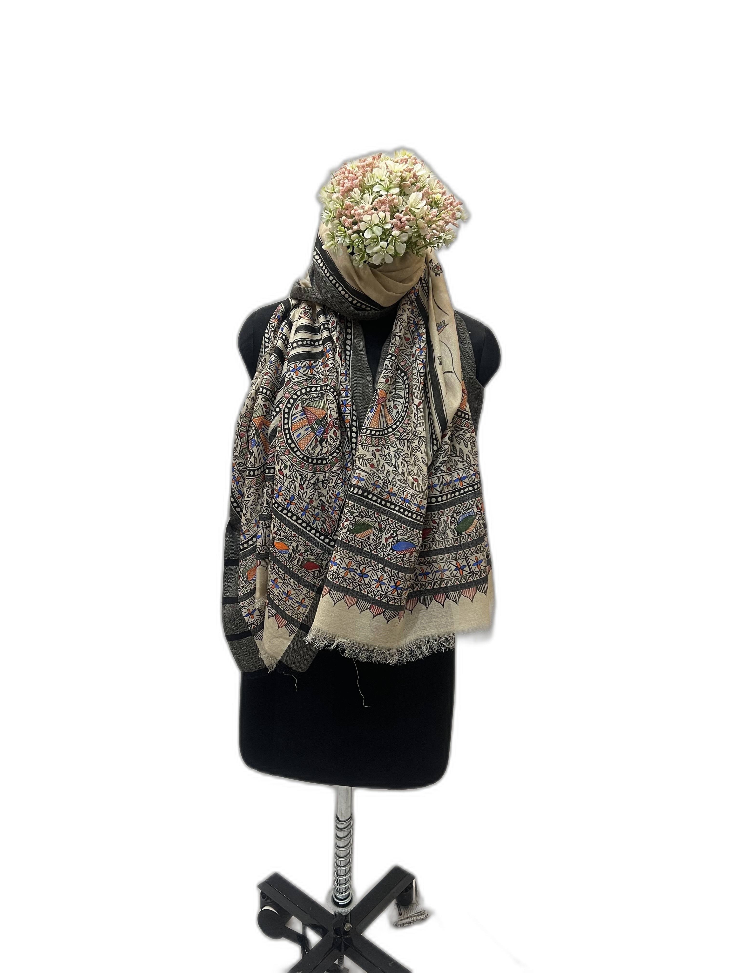 Handpainted Madhubani Tussar Munga Silk Stole with Black Weaved Border